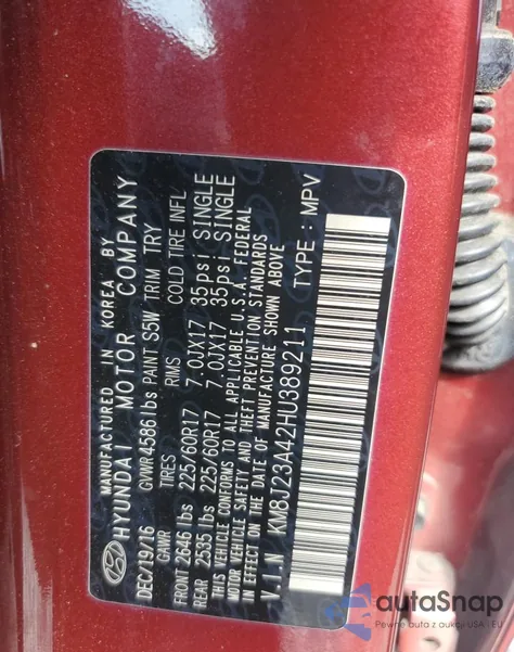 2017 Hyundai Tucson Se z USA, uszkodzony, nr VIN KM8J23A42HU389211